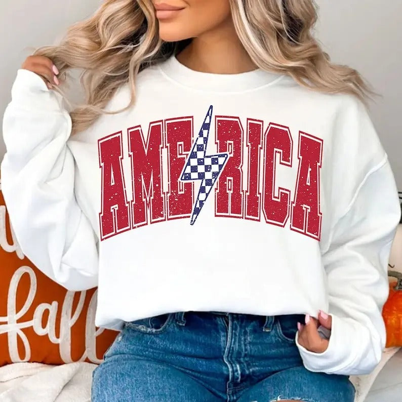 Premium  America Checkered Bolt , America Svg, 4th of July , Fourth of July , Patriotic , Independence Day sweatshirt...