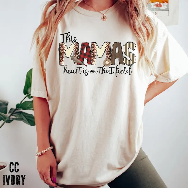 Premium  This MAMA'S heart is that Field T-Shirt, Cute Baseball Mama T-Shirt, Gameday T-shirt's, Retro Baseball, Family...