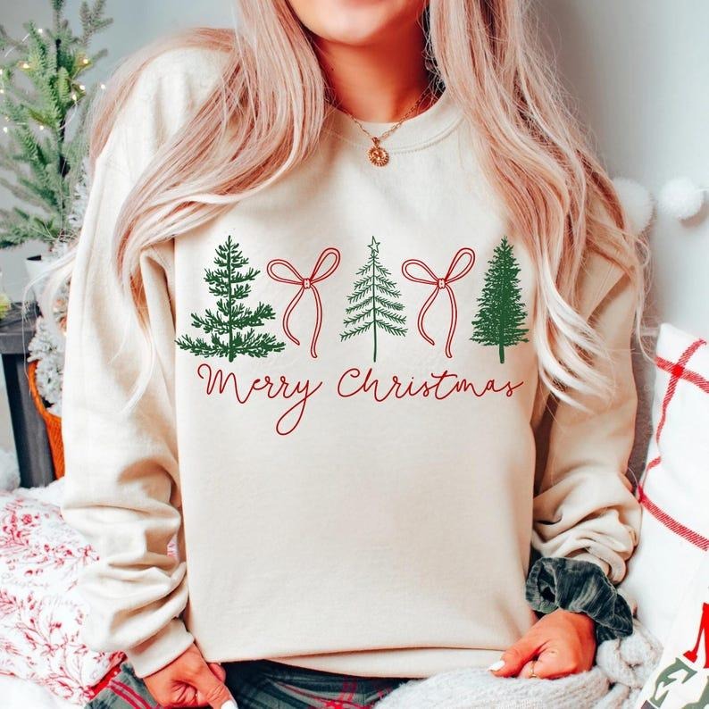 Preppy Christmas Tree Sweatshirt, Merry & Bright Christmas Sweater, Festive Holiday Outfit, Cozy Season Gift, Christmas...