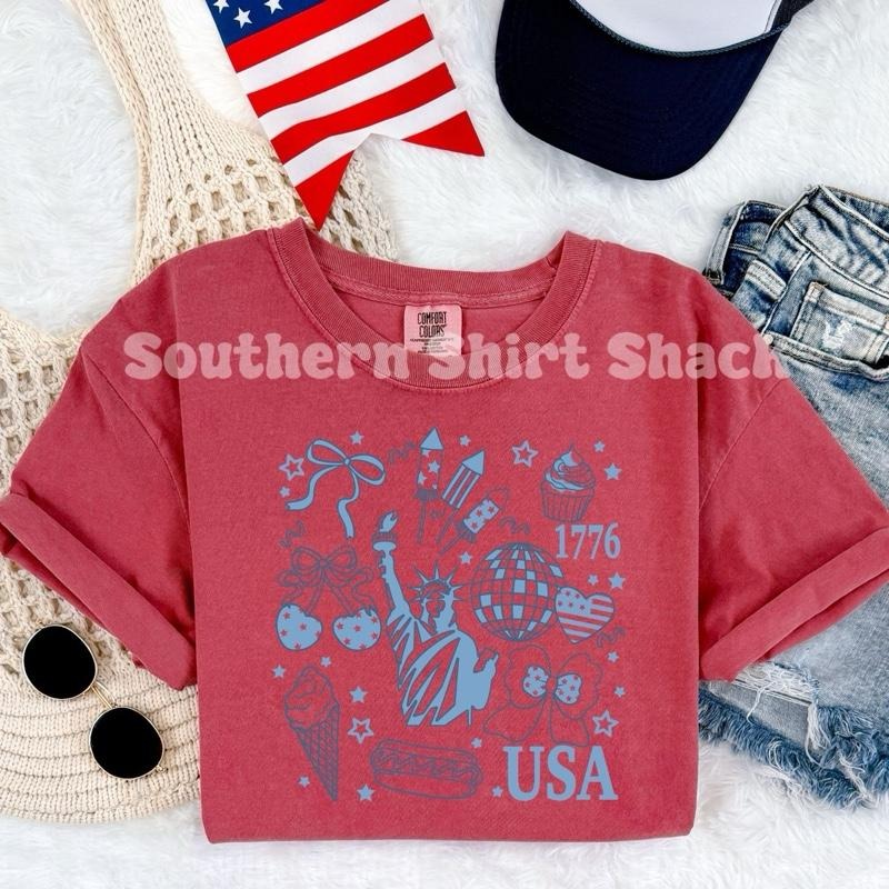 Preppy Coquette America t shirt  | Crimson comfort colors t shirt | 4th of July T shirt Hoodie, Sweatshirt