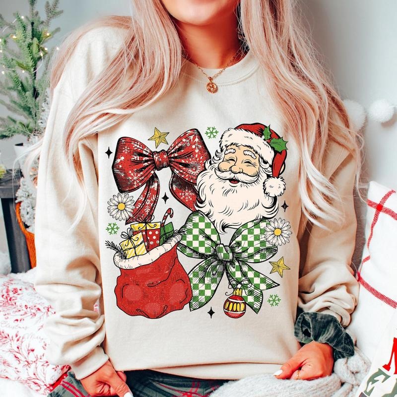 Preppy Santa Christmas Coquette Sweatshirt, Merry And Bright Sweatshirt, Merry Christmas Shirt, Preppy Christmas Shirt Hoodie