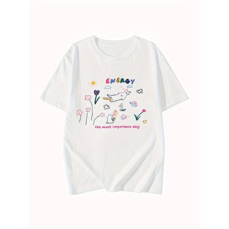 Print Crew Neck T shirt Casual Women Cotton Print Short sleeve  Versatile Summer  Loose Top Tee Hoodie, Sweatshirt