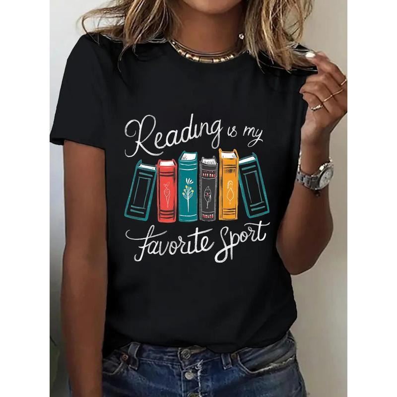 Printed T-Shirt with Book Reading Pattern, Spring And Summer Round Neck Short Sleeved Women'S T-Shirt, Pure Breathable...