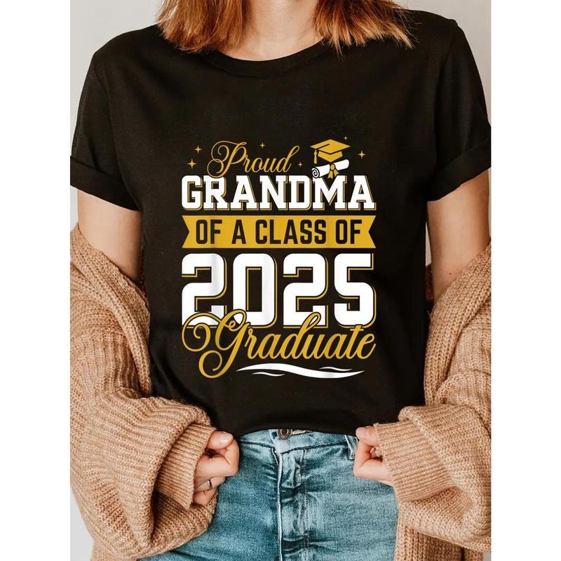Proud Grandma of 2025 Graduation Class - Women's T-Shirt, Loose Fit, Black with Golden & White Lettering, Soft &...