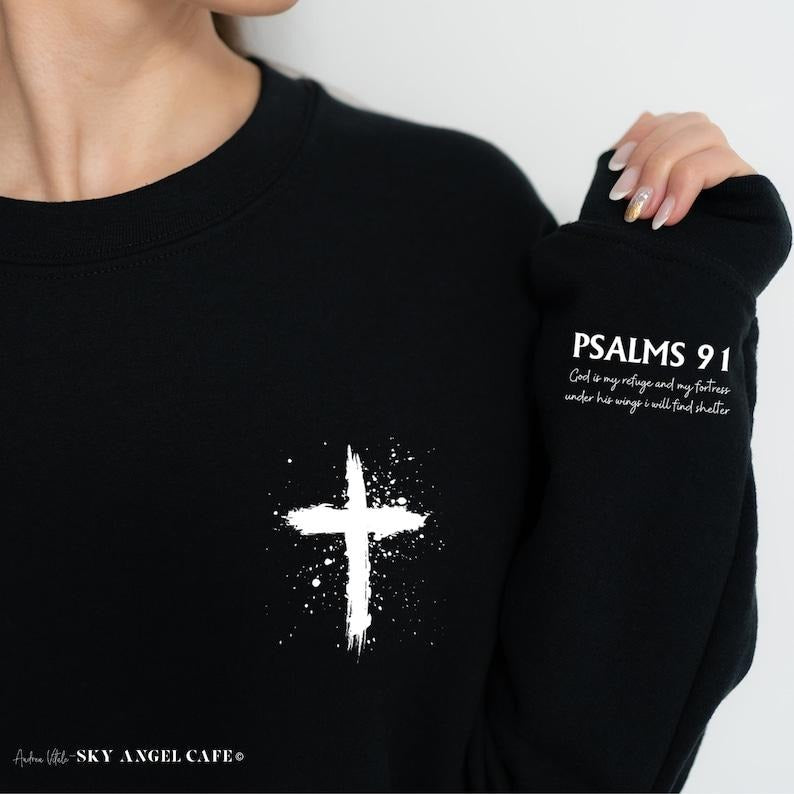 Psalms 91 Sleeve with Cross Sweatshirt, Church Bible Study Matching Tops, Christian Religious Bible Verse, Faith Based...