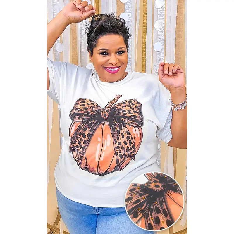Pumpkin Cheetah Bow Rhinestone Graphic Shirt Hoodie, Sweatshirt | UrbanDripWear.com