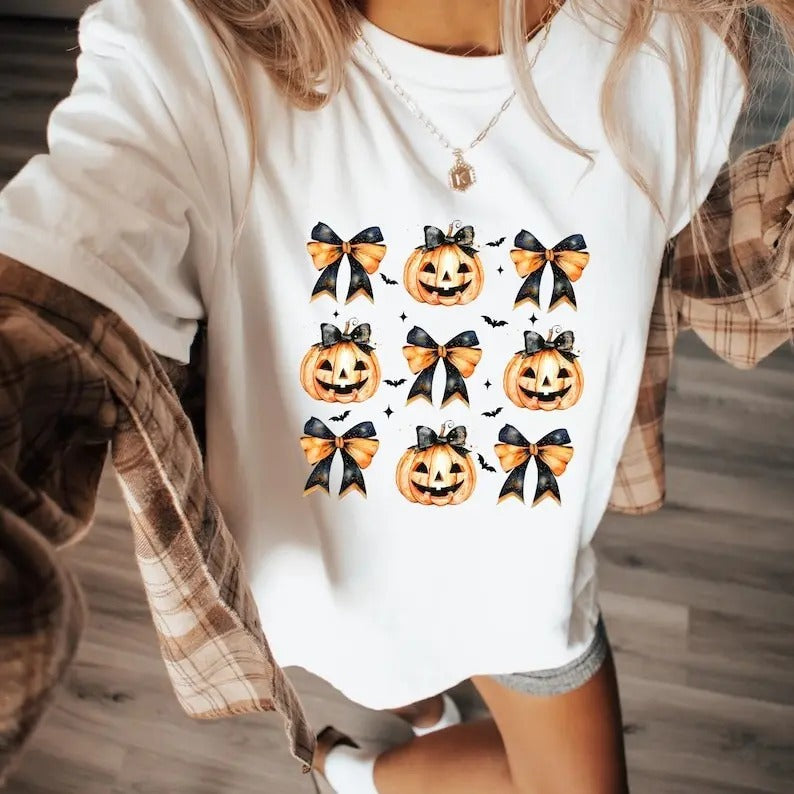 Pumpkin Halloween Shirt Halloween Coquette Bows Spooky Season Shirt Retro Halloween Shirt Spooky Vibes Shirt Cute Pumpkin...
