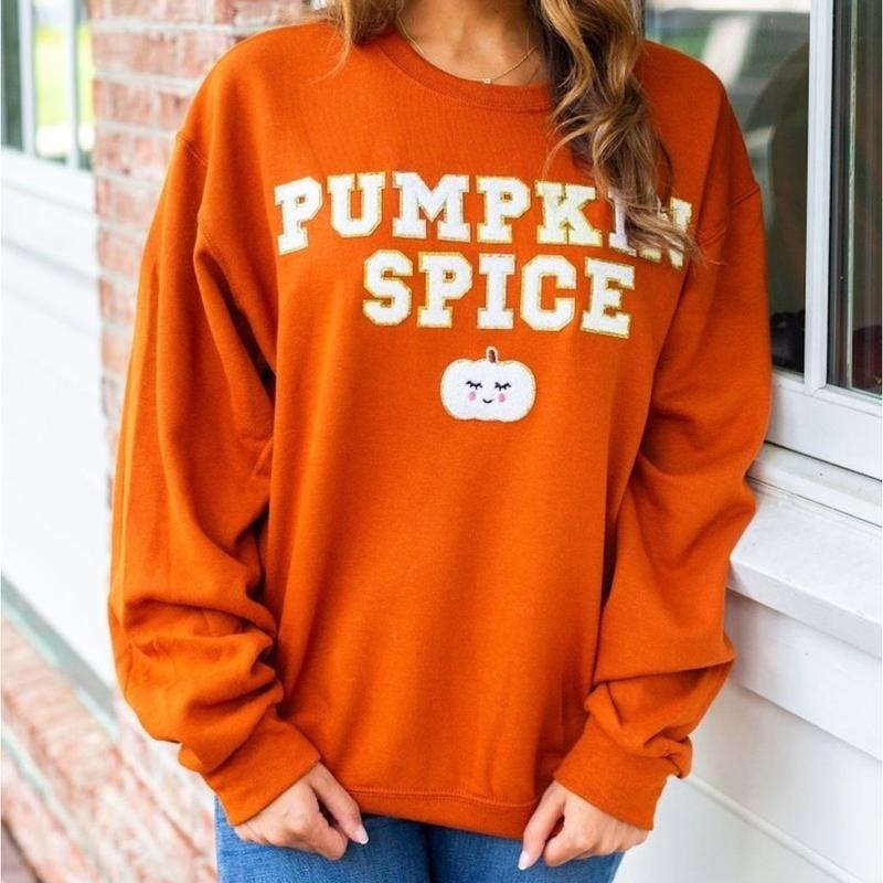 'Pumpkin Spice' Letter Patch Crewneck Sweatshirt T-Shirts, Hoodie | UrbanDripWear.com