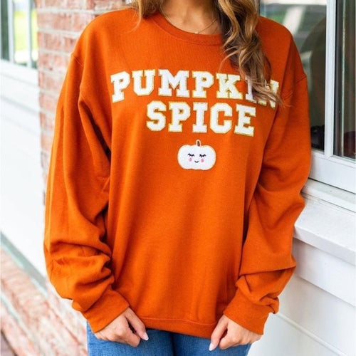 'Pumpkin Spice' Letter Patch Crewneck Sweatshirt T-Shirts, Hoodie | UrbanDripWear.com