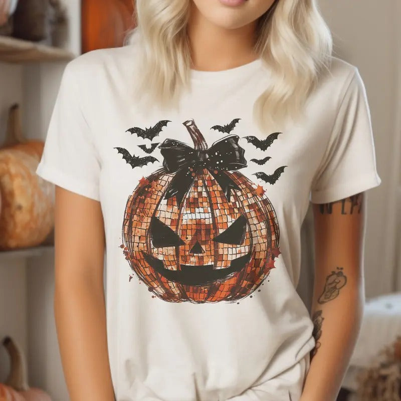 Pumpkin Tshirt Disco Pumpkin Jack-O-Lantern Tees Halloween Disco Pumpkin T-Shirts Pumpkin Bow Top Halloween Disco Pumpkin...