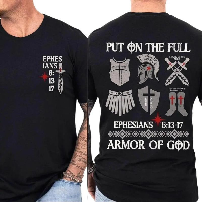 Put On The Full Ephesians 6 13 17 Armor Of God 2 Siđed Tee Pure Cotton Casual Street Style Crew Neck Short Sleeve T-Shirt...