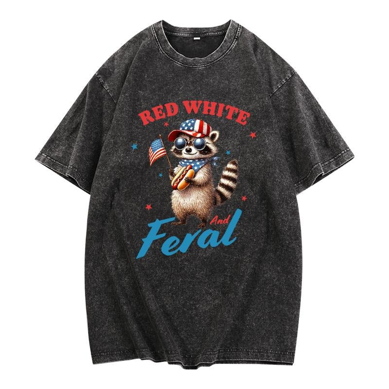 Quirky Patriotic T - Shirt: Celebrate with a Feral Raccoon on a Washed - out Tee Hoodie, Sweatshirt | UrbanDripWear.com