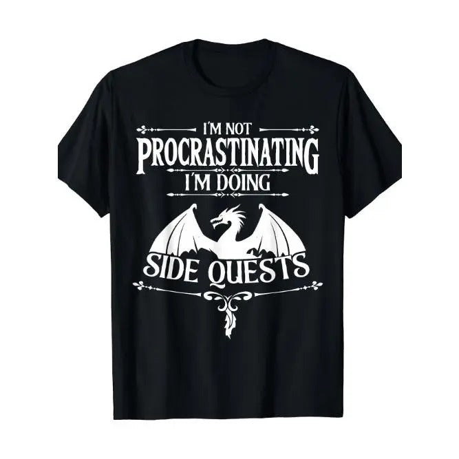 RPG Gamers' Humorous T-Shirt - Men's Gaming Graphic Tee with Funny Slogan "I'm Not Procrastinating I'm Doing Side Quests"