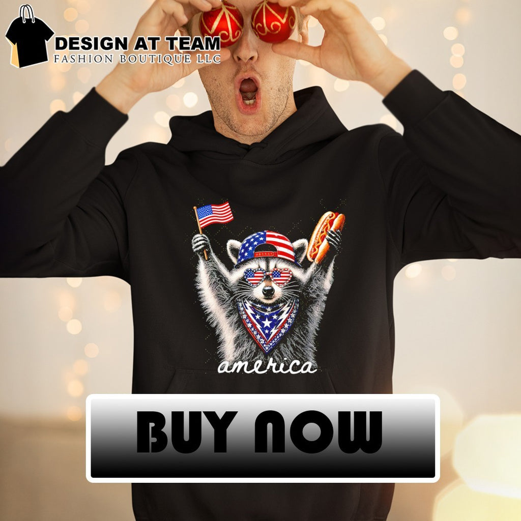 Raccoon American hat holding hotdog and flag 4th of July America shirt