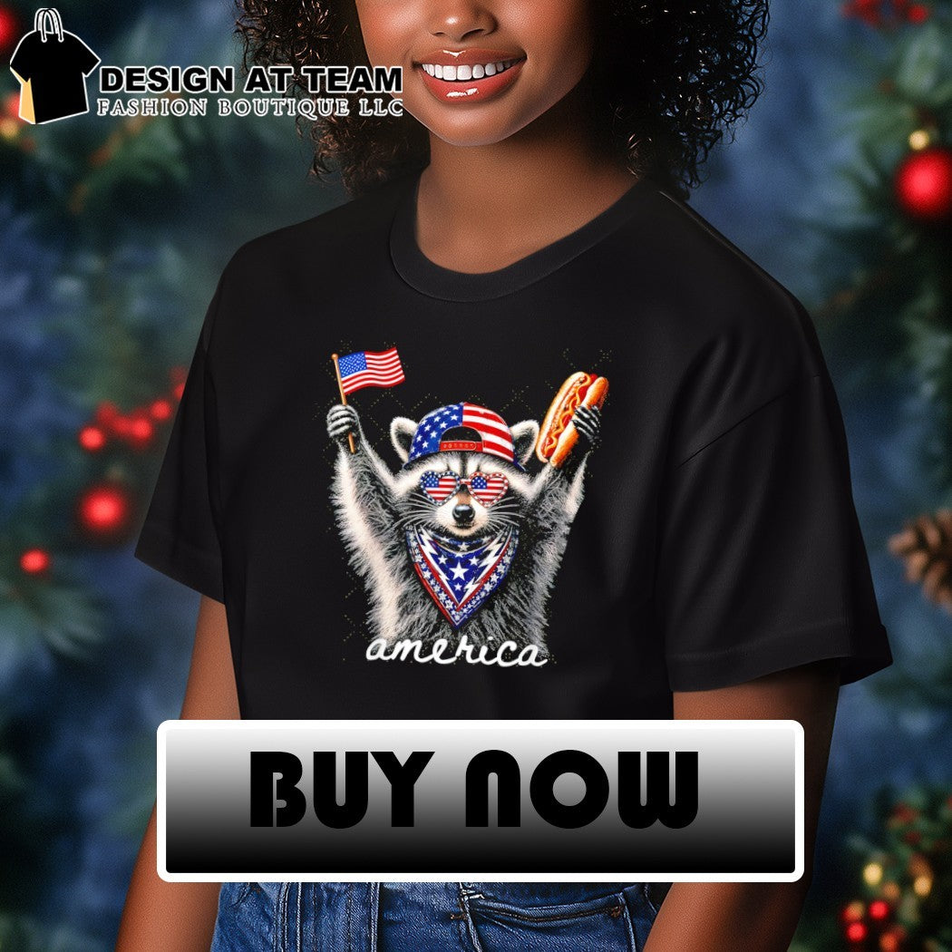Raccoon American hat holding hotdog and flag 4th of July America shirt