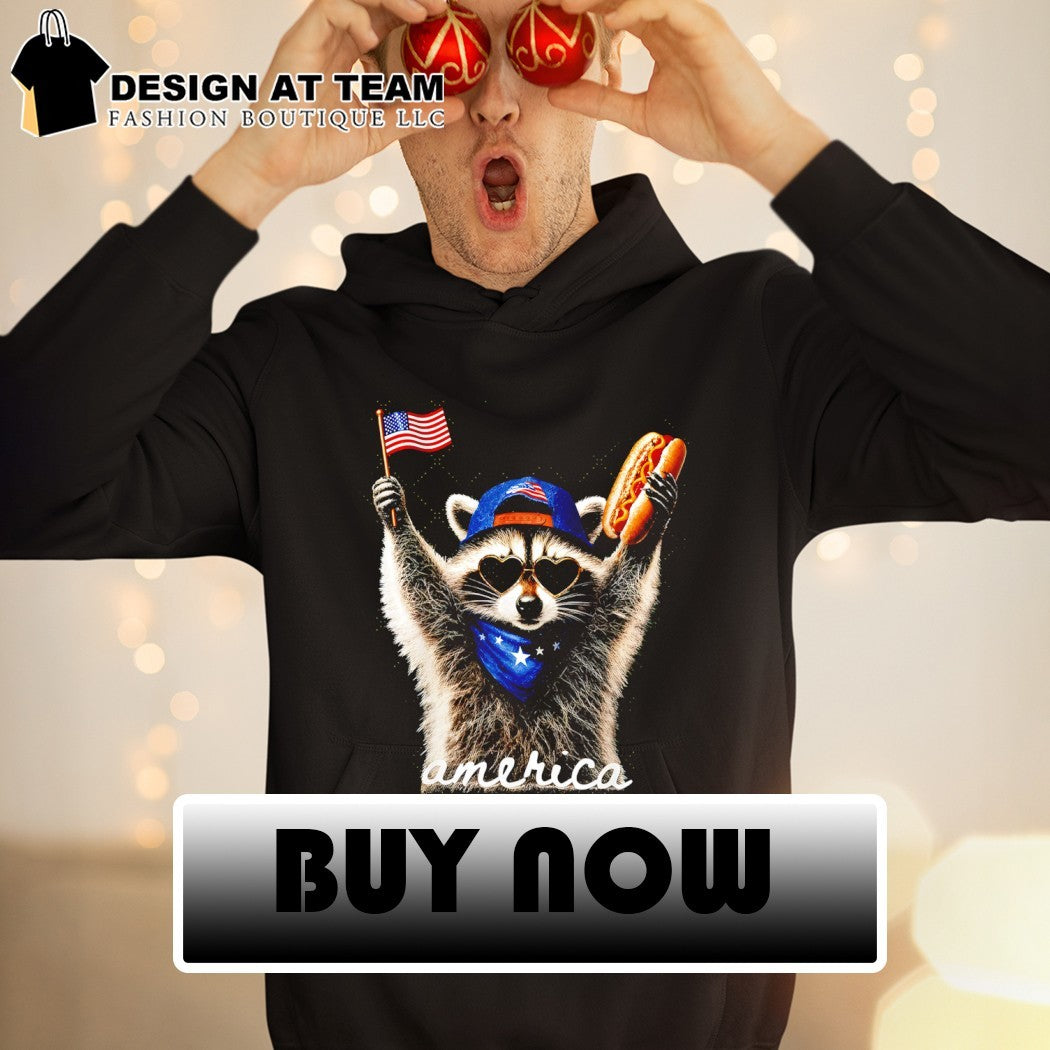 Raccoon American hat holding hotdog and flag 4th of July America political shirt