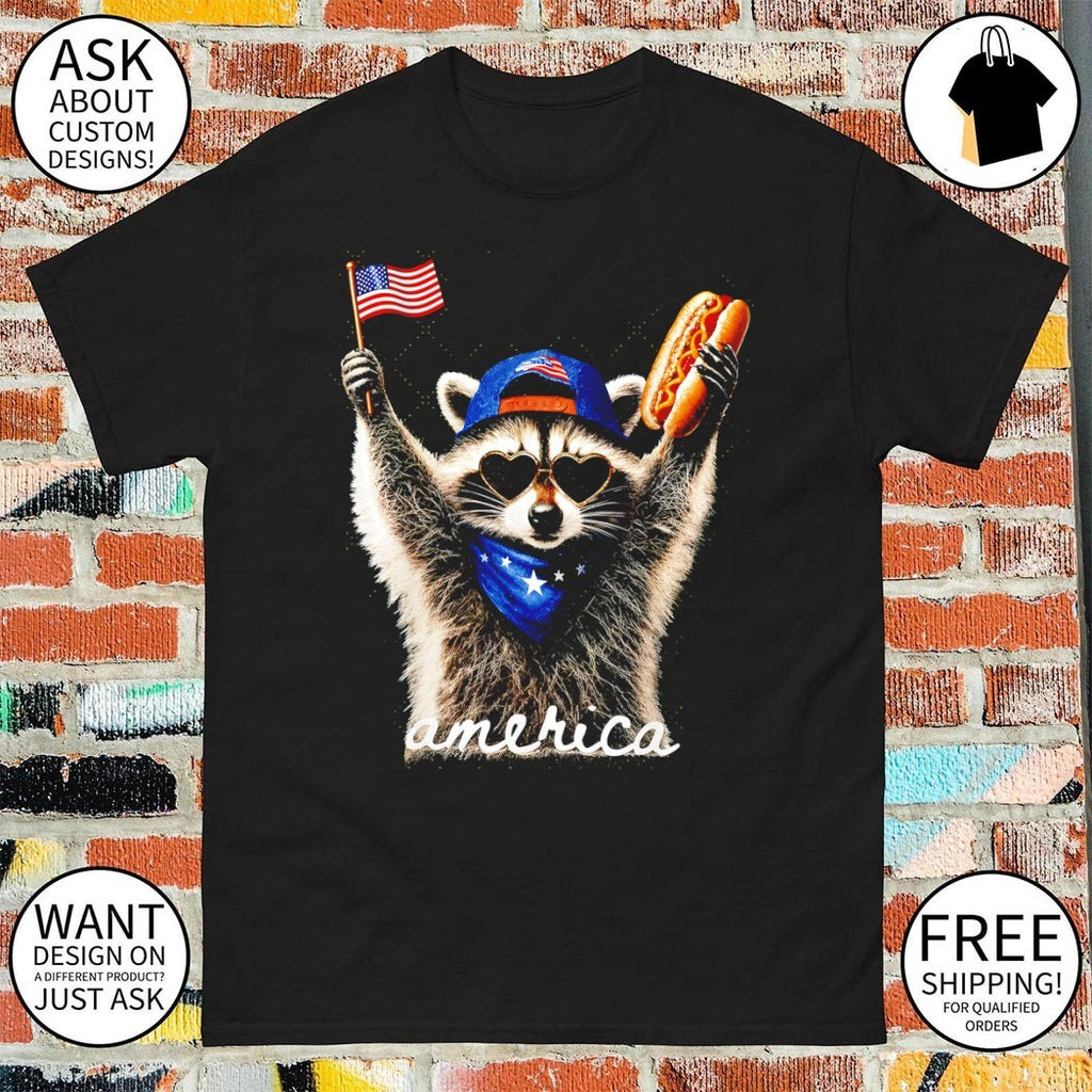 Raccoon American hat holding hotdog and flag 4th of July America political shirt