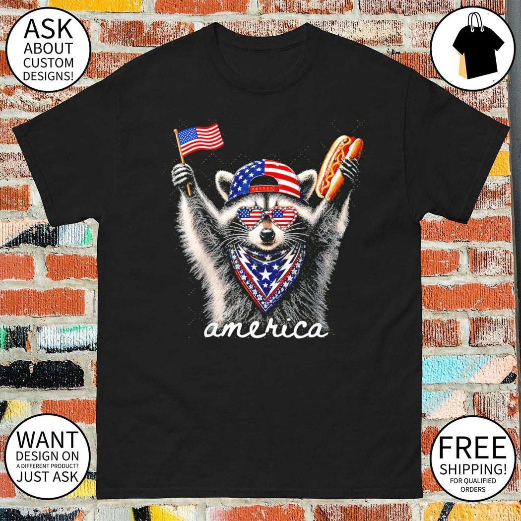 Raccoon American hat holding hotdog and flag 4th of July America shirt