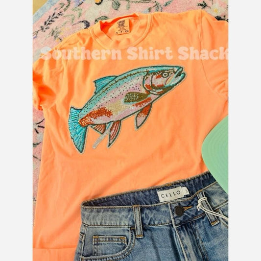 Rainbow Trout Sequin Patch T shirt  | Neon Cantelope comfort colors T shirt | Top | Fishing Shirt | Girls who Fish