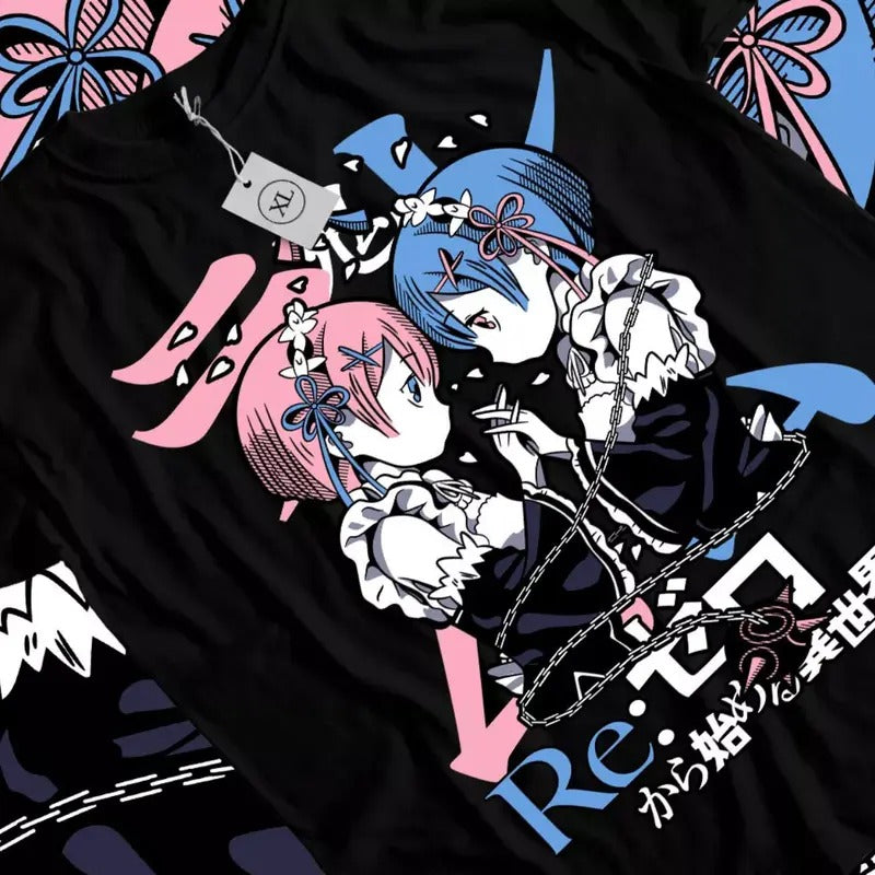 Re Zero Anime T-Shirt & Sweatshirt, Rem And Ram Cute Waifu Kaiwaii Graphic Tee, Anime Manga Lover Gifts Ball Cotton Hoodie