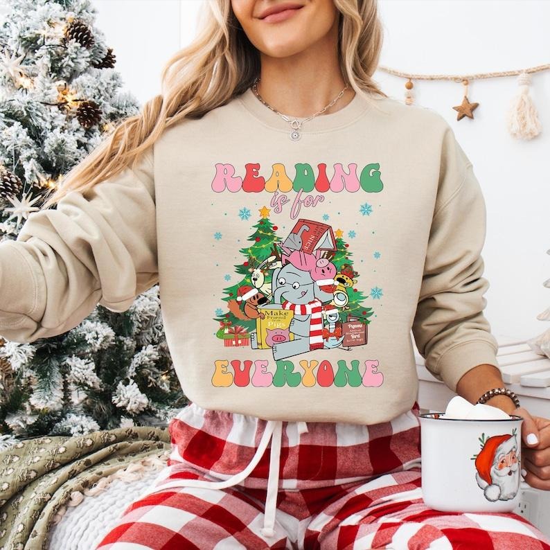 Reading Is For Everyone Shirt, Elephant And Piggie Christmas Sweatshirt, Bookish Christmas T-shirt, Christmas Book Lover,...
