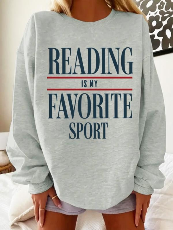 "Reading Is My Favorite Sport" Bookish Sweatshirt - Women's Light Gray Oversized Crewneck T-Shirts, Hoodie