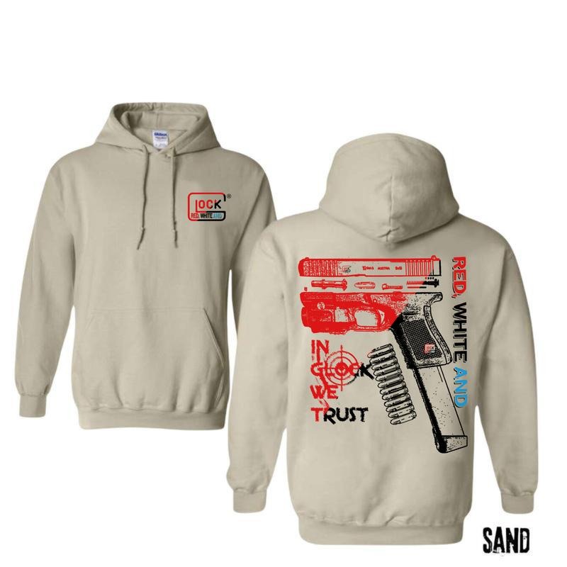 Red And White In GLock We Trust Hoodie, T-shirt, Menswear And Women  Pullover Classic Unisex Sweatshirt | UrbanDripWear.com