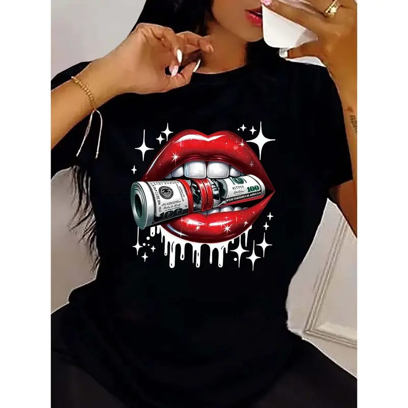 Red Lips & Dollar Print T-shirt, Casual Short Sleeve Crew Neck Top Stylish All Season Women's Clothing style 02 Hoodie,...