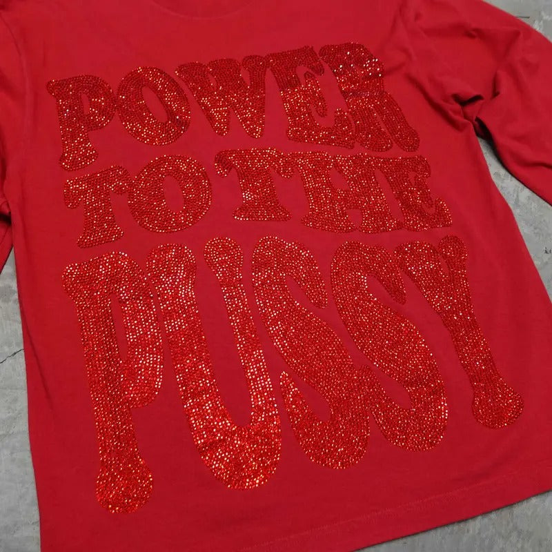 Red Power to the P Rhinestoned Heavy Weight Long Sleeve T-Shirt Hoodie, Sweatshirt | UrbanDripWear.com