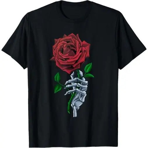 Red Rose Flower T-Shirt  Made in USA Men's Graphic T-Shirt with Skeleton Hand Hoodie, Sweatshirt | UrbanDripWear.com