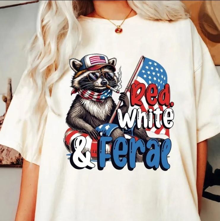 Red White And Feral Funny USA Shirt, Funny Raccoon Shirt Hoodie, Sweatshirt | UrbanDripWear.com