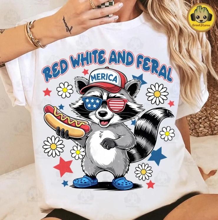 Red White And Feral , 4th Of July shirt Funny Raccoon Hot Dog Hoodie, Sweatshirt | UrbanDripWear.com