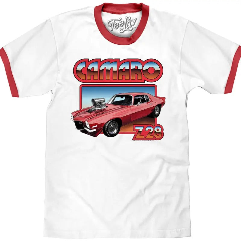 70s Chevrolet Camaro Z28 Ringer T-Shirt - White/Red Hoodie, Sweatshirt | UrbanDripWear.com