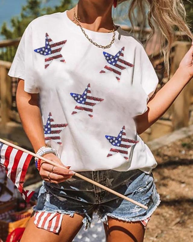 Red, White & Boom Sequined American Flag Star Graphic T Shirt Hoodie, Sweatshirt | UrbanDripWear.com