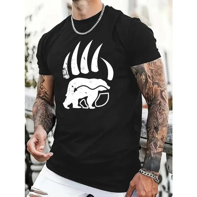 Relaxed Fit Bear's Paw Print Cotton Casual Novel T-shirt - Men's Short-sleeved Summer Shirt for Daily and Outdoor Wear