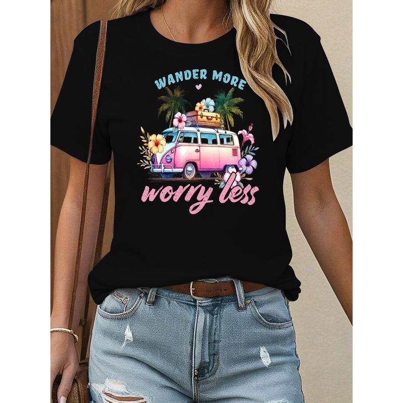Relaxing Women's T - Shirt: Uplifting "Wander More worry less" Message and Colorful Design, Ideal for a Laid