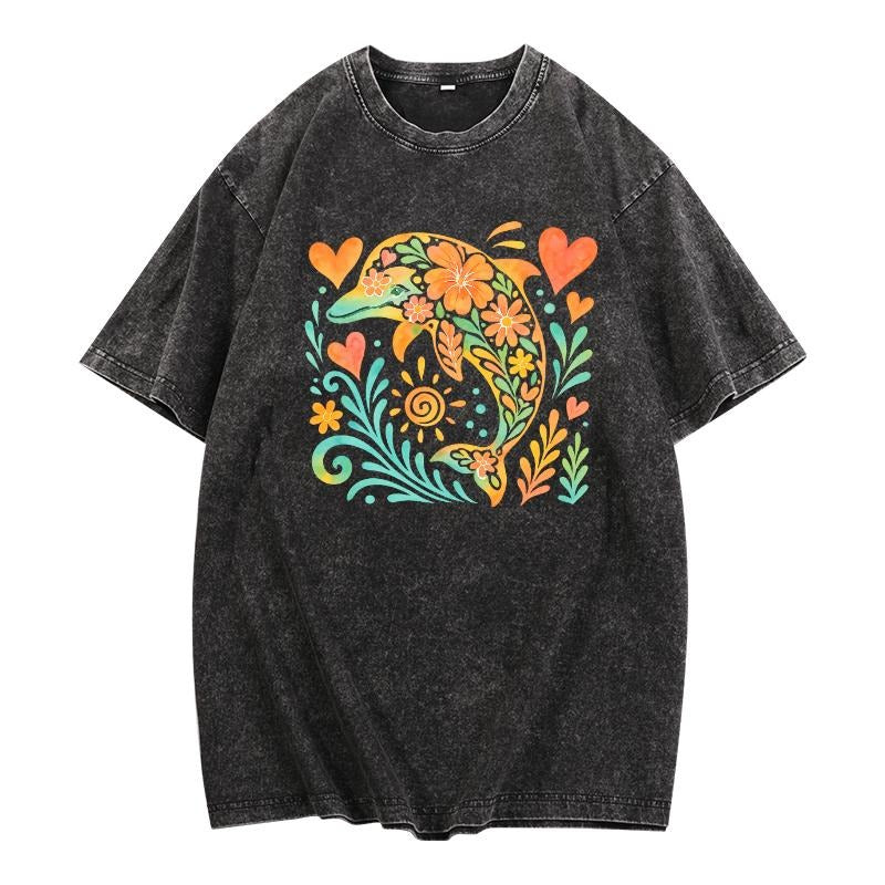 Retro - Inspired Washed T - Shirt: Flaunt a Whimsical Dolphin Floral Design Hoodie, Sweatshirt | UrbanDripWear.com