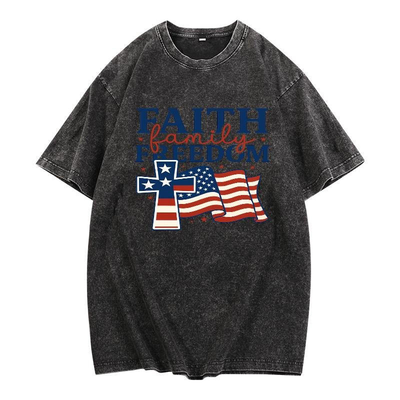 Retro - inspired Washed T - Shirt: 'Faith Family Freedom'