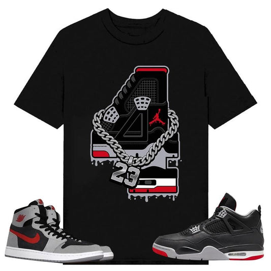 Retro 4, Shirt to match A J 1 High Zoom CMFT 2 Fire Red Cement Grey, A J 4 Bred, Shirt to matching Sneaker