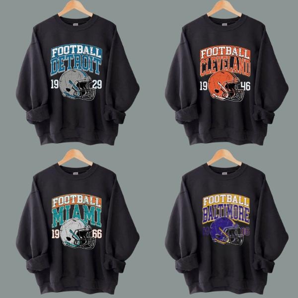 Retro All Team Graphic Football Sweatshirt, Unisex Sport Pullover for Game Day Fans, Vintage Style Helmet Print, Fall...
