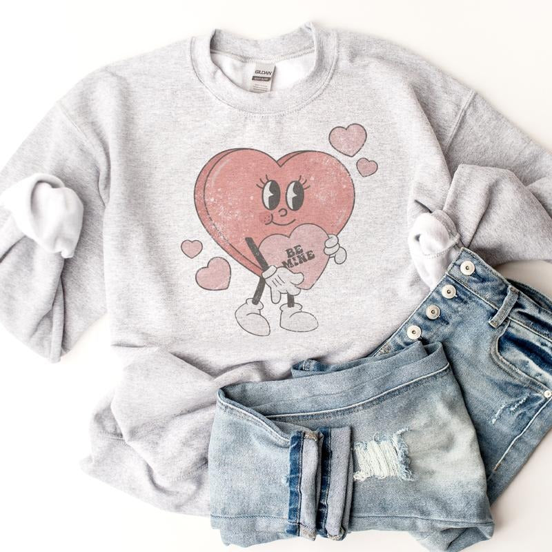 Retro Be Mine Heart Sweatshirt Valentine Vintage Sweatshirt  Red Heart Pullover Distressed Smiley Face Sweatshirt...