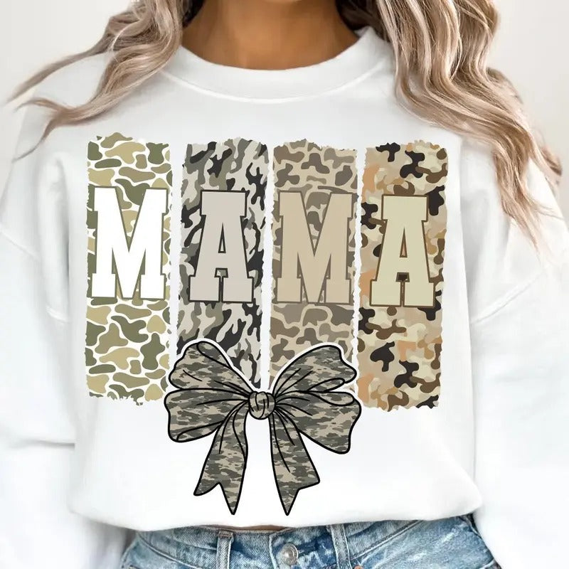 Retro Camo Mama Coquette Bow Sweatshirt, Camouflage Mama Ccoquette Bows Tee, Duck Hunting Mama Shirt, Mother's Day Gift...