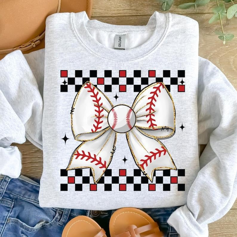 Retro Checkered Baseball Mom , Game Day, Baseball Coquette Bow ,Mama Sweatshirt Crewneck Classic T-Shirts, Hoodie