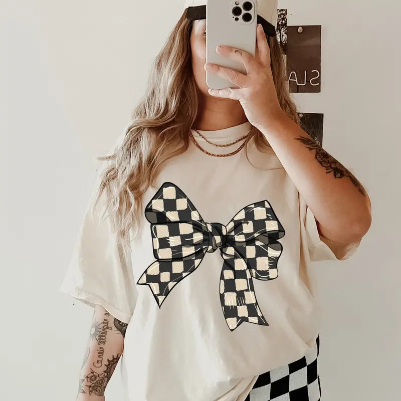 Retro Checkered Bow Shirt, Comfort Colors, Checkered Bows Shirt, Women's Band Graphic Tee, Casual Comfy Graphic Hoodie,...