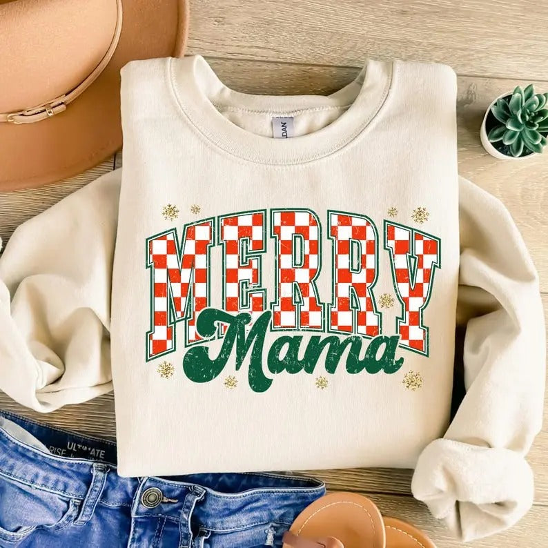 Retro Checkered Christmas Mama SWEATSHIRT, Merry Mama SWEATSHIRT, Mama Varsity SWEATSHIRT, Christmas Mama SWEATSHIRT,...