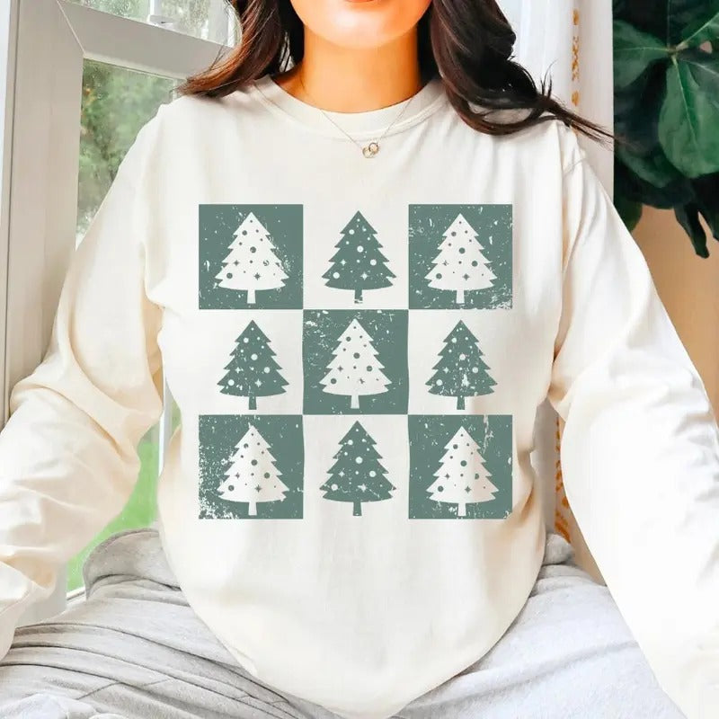 Retro Checkered Christmas Trees, Distressed Christmas, Holiday Checkered Xmas Shirt, Christmas Gift Hoodie, Sweatshirt
