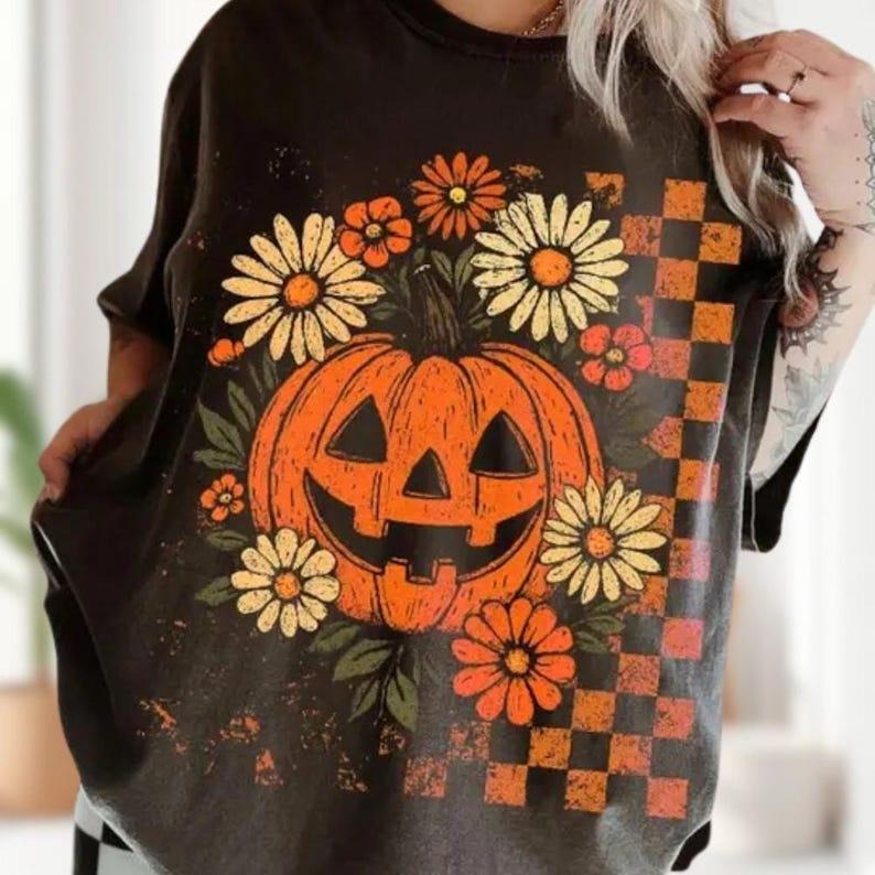 Retro Checkered Pumpkin Shirt, Floral Pumpkin Halloween Shirt, Halloween Shirt, Halloween Spooky Season Shirt, Pumpkin...