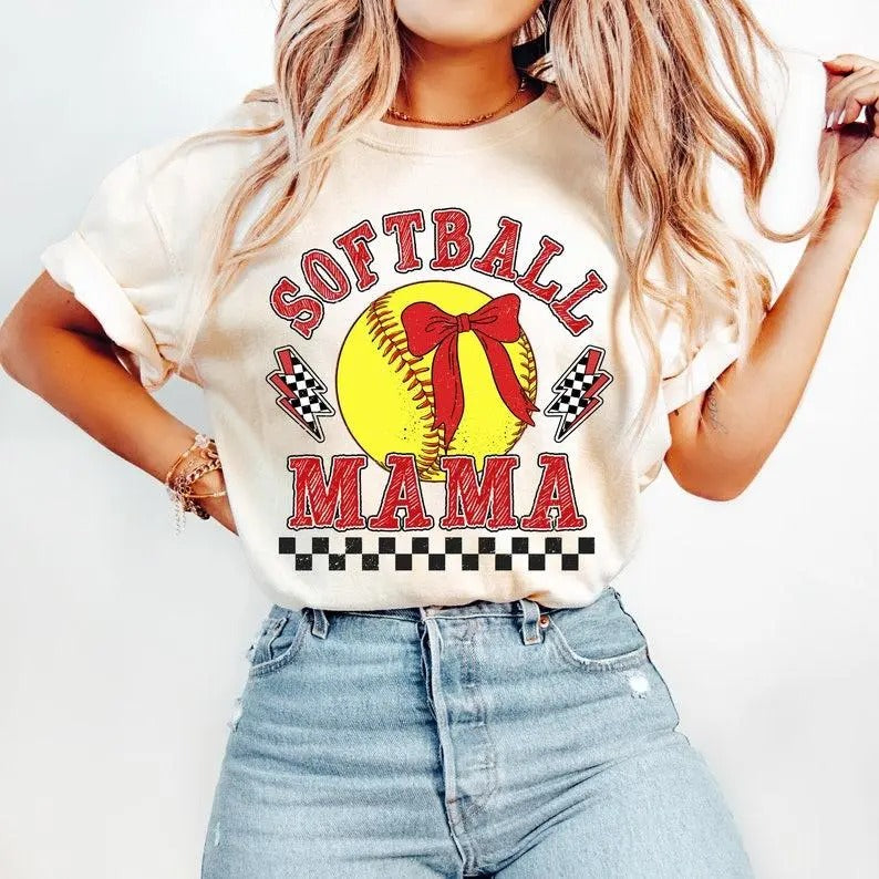 Retro Checkered Softball Mama Coquette tshirt-sweatshirt-hoodie, Game Day Softball sweatshirt, Softball Mom hoodie,...