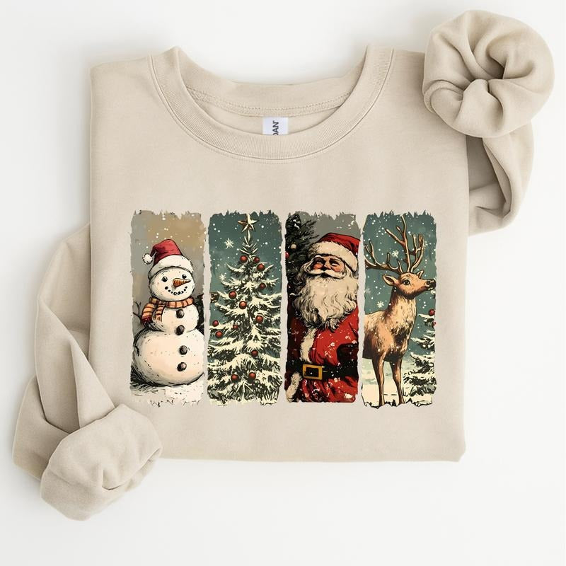 Retro Christmas Santa Claus Sweatshirt, Vintage Holiday Crewneck, Snowman & Reindeer Cozy Pullover, Festive Xmas Apparel,...
