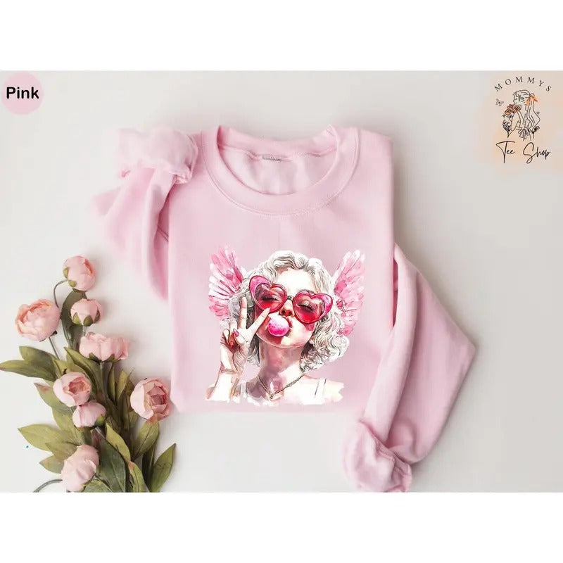 Retro Comfort Valentine Shirt, Blowing Bubble Cupid Shirt, Valentines Day Shirt for Women, Girlfriend Shirt, Valentine...